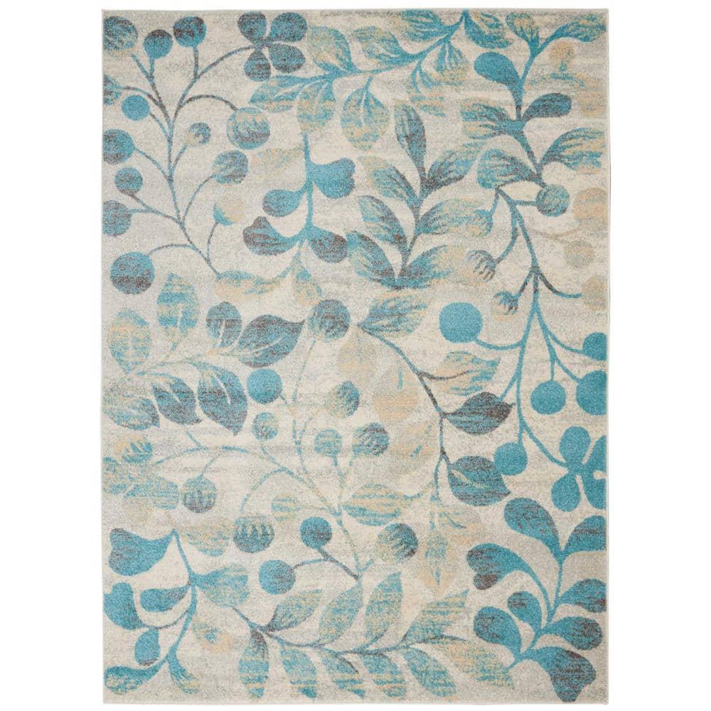 Nourison Tranquil 5'3" X 7'3" (5' x 7') Ivory/Turquoise Area Rug Contemporary Botanical Vine and Bloom by Nourison
