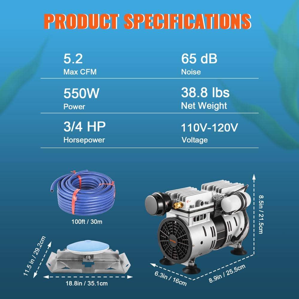 VEVOR 3/4 HP Silver Metal Pond Aerator Kit with Blue Tubing