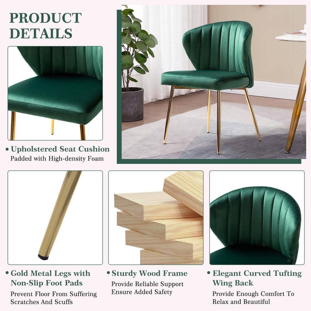 Home Kitchen Velvet Dining Chairs Set of 2 Upholstered Side Chairs Accent Channel Tufted Metal Legs Living Room Bedroom Green