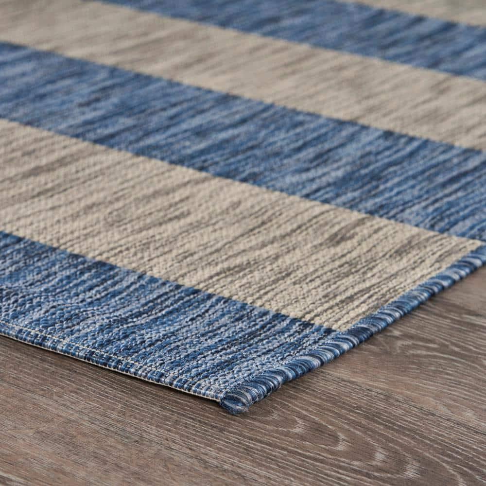 LR Home Camila 7'9" x 9'9", Gray/Blue Stripe Fade, Stain, and Moisture Resistant Indoor/Outdoor Area Rug