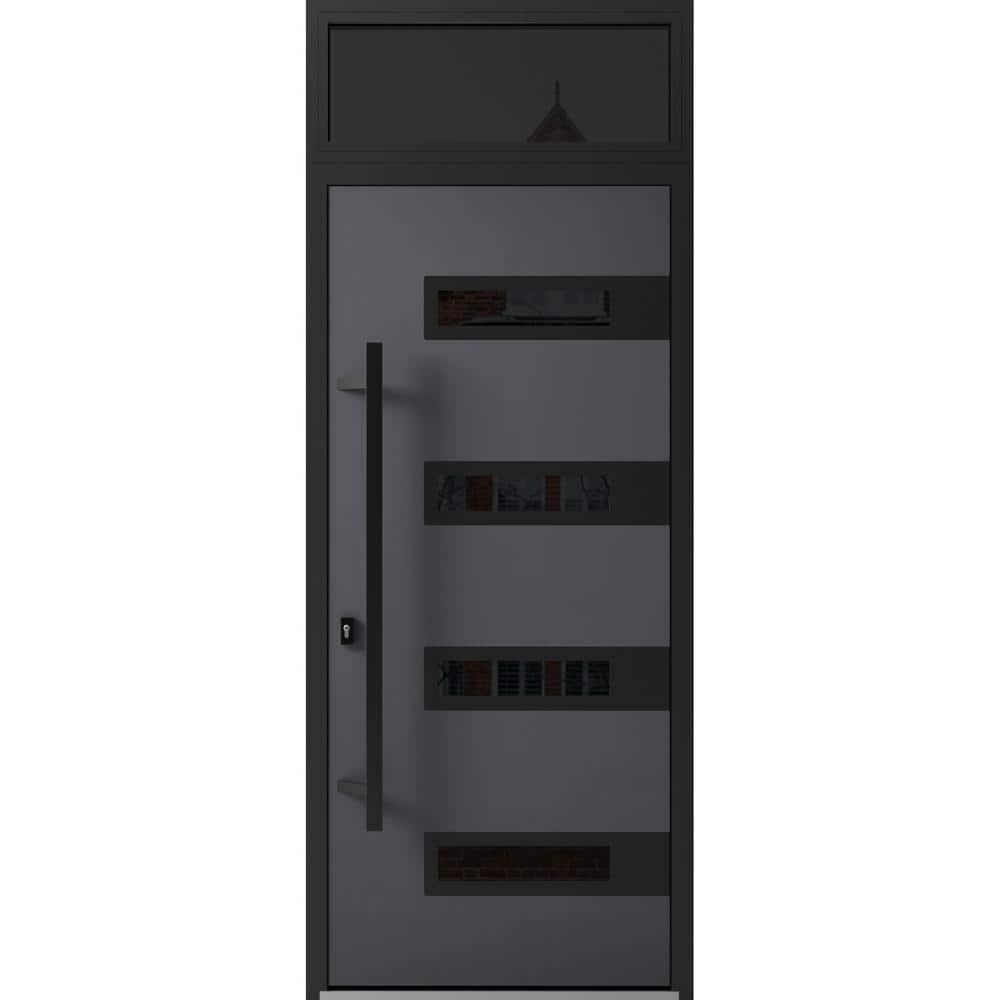 Front Exterior Prehung Steel Door / Ronex 0130 Grey / 2 Side and Top Exterior Window Sidelite / Entry Metal Modern Painted W14+36+14" x H80+16" Left hand Inswing