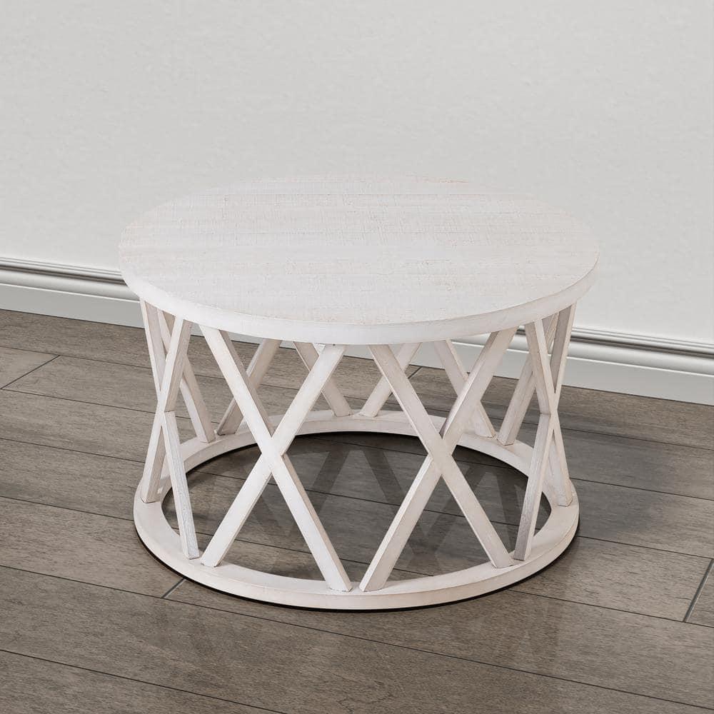 Antique White Round Wood Coffee Table with X-Motifs