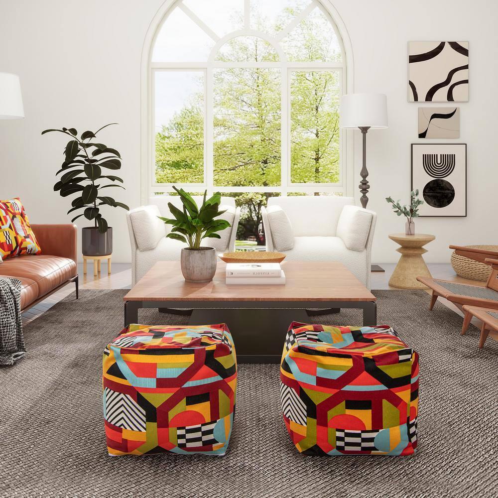 Orren Ellis Pouf 20" Luxury Oversized Bean Bag Cube Ottoman, Colorpop Multicolored Embroidery