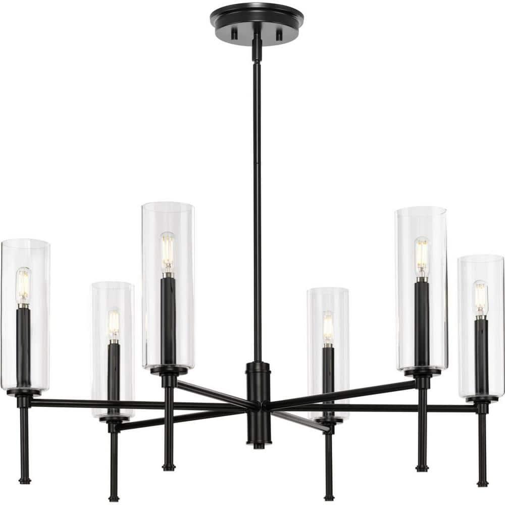 Progress Lighting Elara 6-Light Chandelier, Steel, Matte Black, Clear Glass Shades