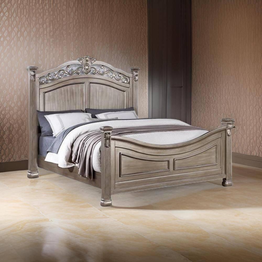 Benjara Aza Traditional Wood Queen Size Bed, Leaf Carvings, Champagne Gold Finish