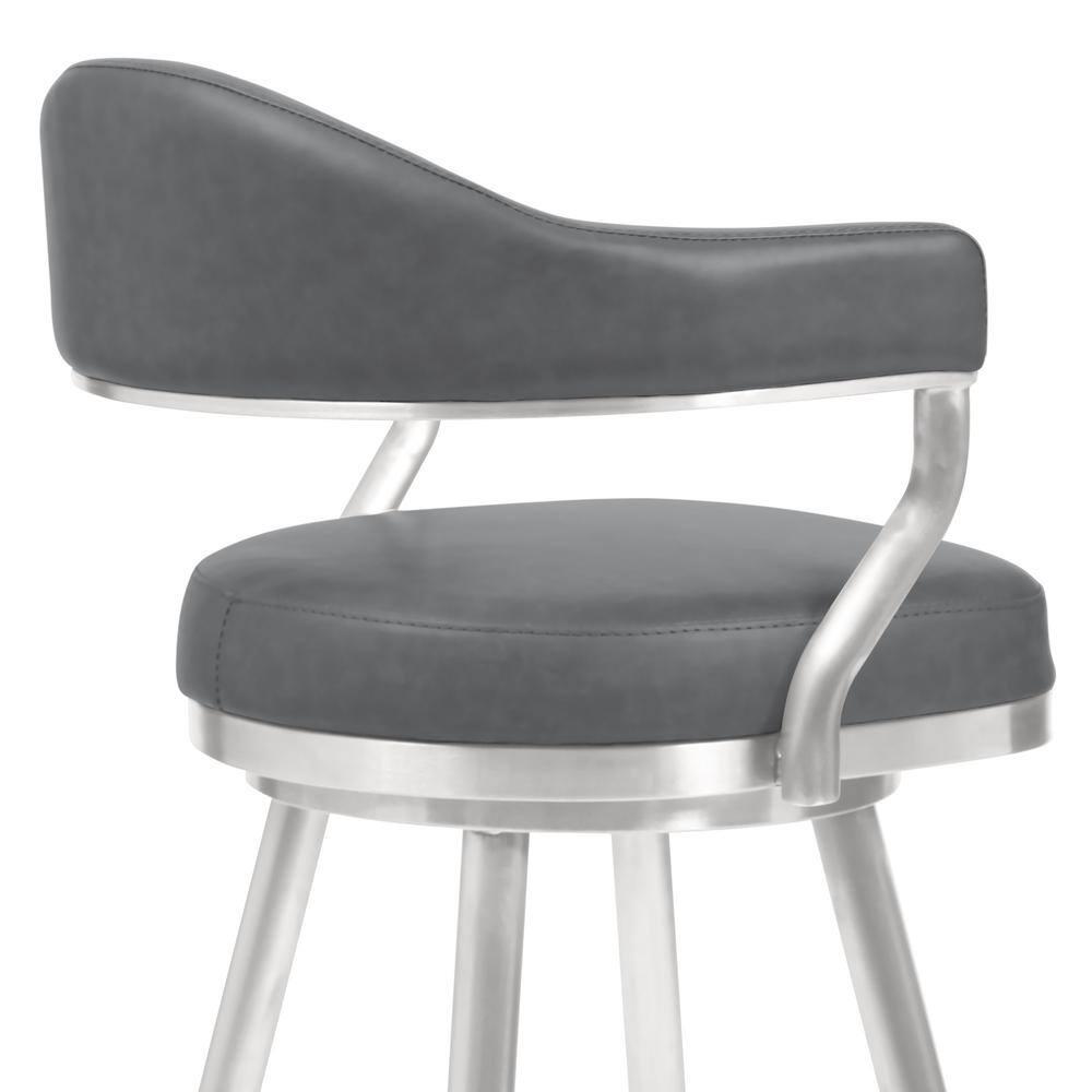 Homestock Baroque Bonanza 30" Bar Height Barstool in Brushed Stainless Steel and Gray Faux Leather