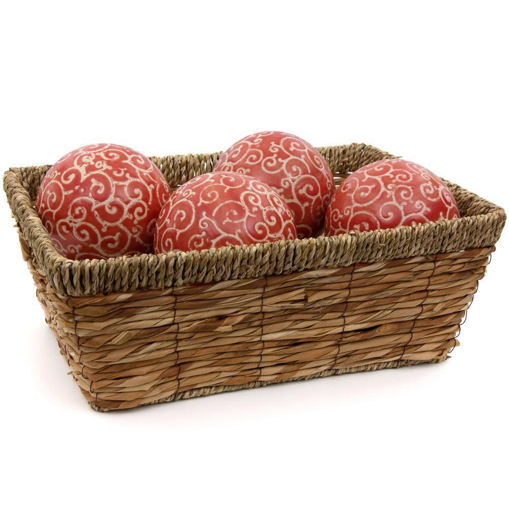 Oriental Furniture 4" Red and Beige Vines Porcelain Ball Set, Decorative item, Center piece, living room item