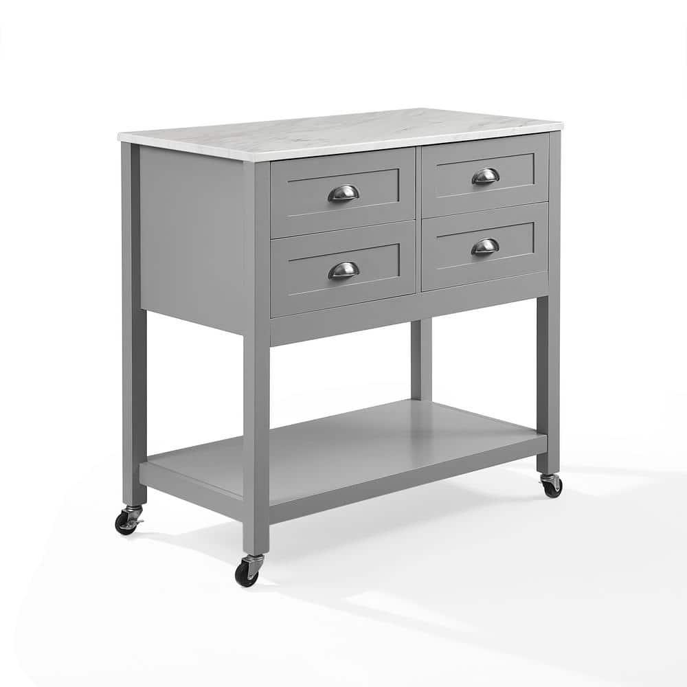 Connell Kitchen Island Cart Gray/White Marble - Crosley: Mobile Storage, 4 Drawers, Open Shelf, Locking Wheels