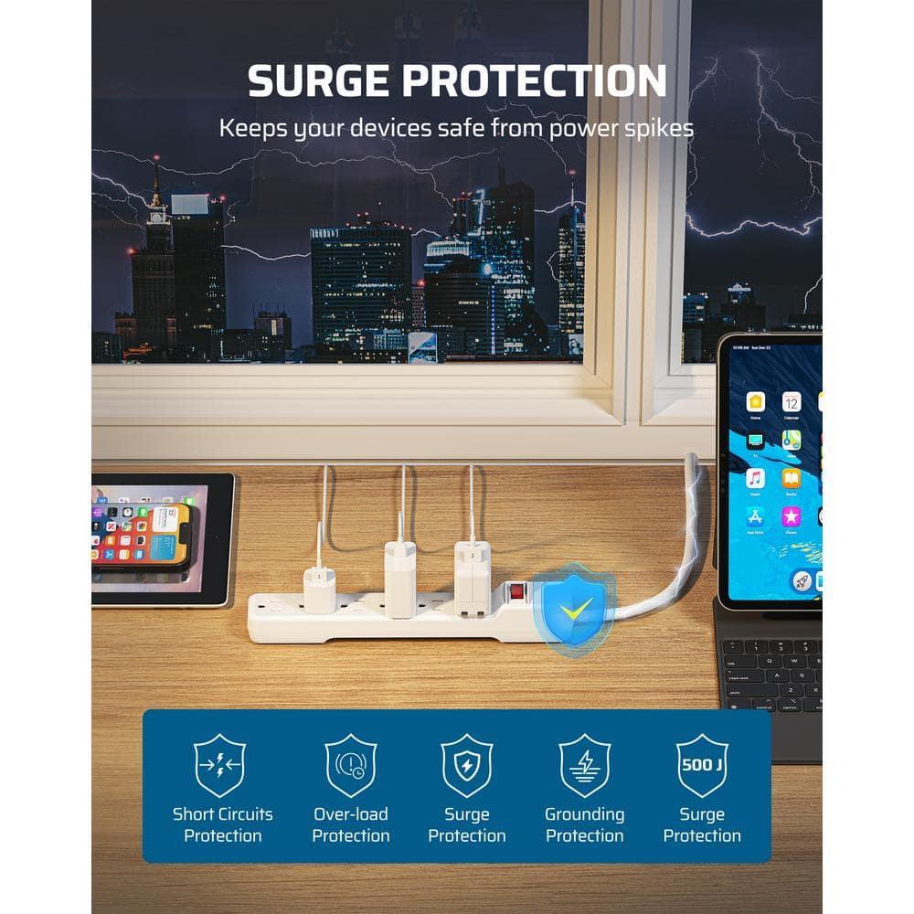 DEWENWILS 6-Outlet Power Strip Surge Protector, 15ft. Extra Long Extension Cord, 500 Joules, Flat Plug, White