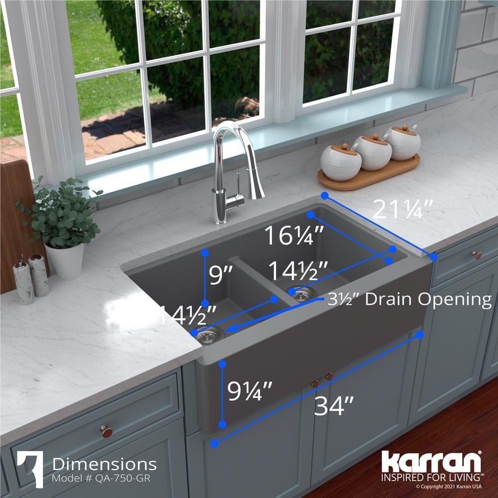 Karran Quartz 34'' X 21-1/4'' 50/50 Double Bowl Farmhouse/Apron Front Kitchen Sink Kit