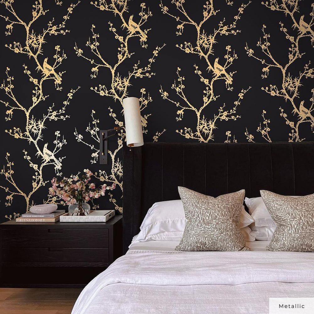Tempaper & Co.® x Cynthia Rowley Bird Watching Removable Peel and Stick Wallpaper, Black and Gold, 56 sq ft: Vinyl, Self-Adhesive