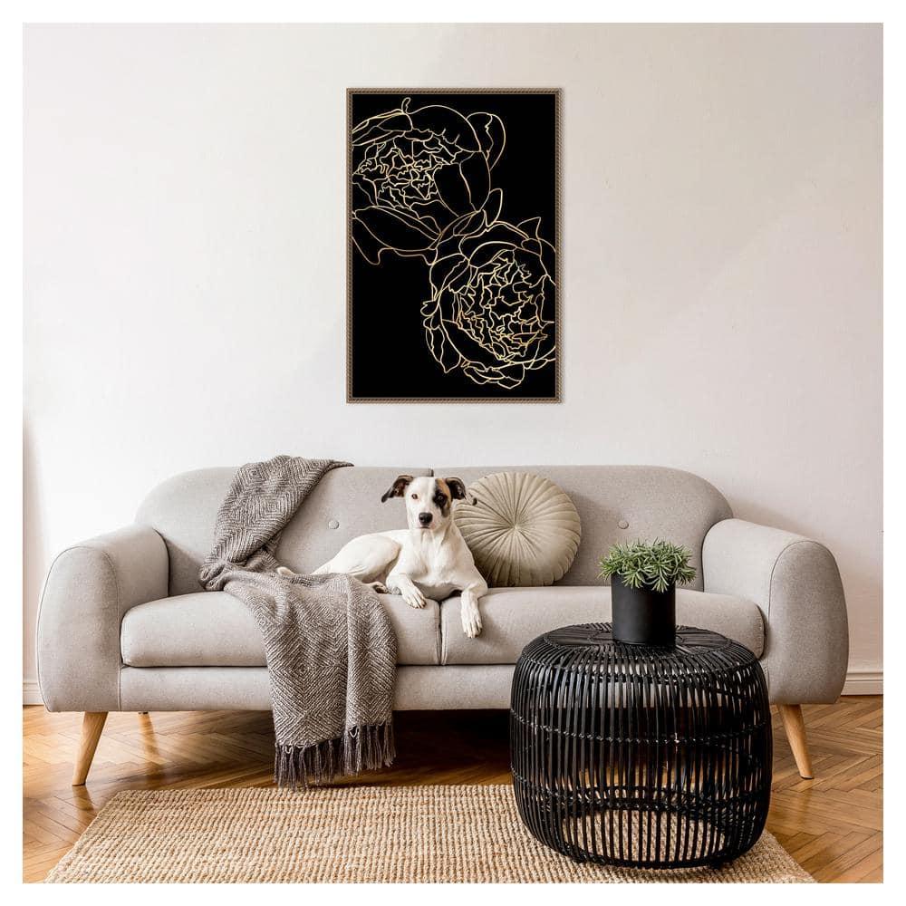 23"x33" Peonies in gold and black by Rosana Laiz Blursbyai Framed Canvas Wall Art Print Bronze - Amanti Art: Vertical Lithograph, Modern Decor