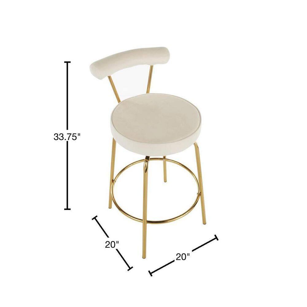 Set of 2 Rhonda Glam Counter Height Barstools Cream Velvet - LumiSource: Gold Finish, Metal Frame, Swivel Function