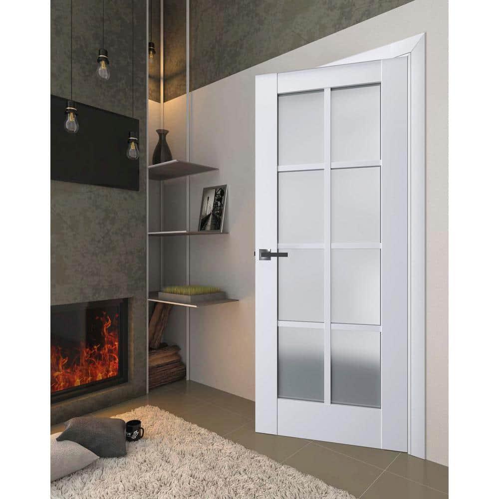 Interior Solid French Pre-Hung Door Frosted Glass | Veregio 7412 White Silk | Single Regular Panel Frame Trims Handle | Bathroom Bedroom Sturdy Doors -24" x 80"