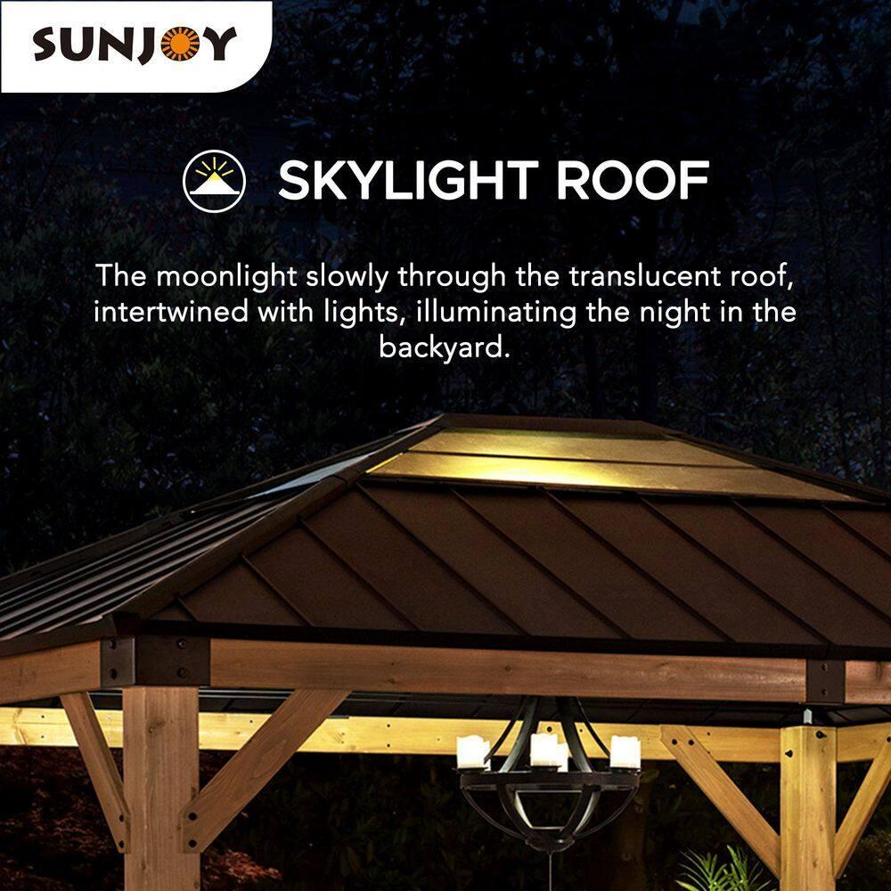 Sunjoy Sunjoy Hardtop Gazebo 11 x 13 ft. Upgrade Cedar Framed Wood Gazebos with Brown Steel and Polycarbonate Hip Roof Hardtop for Garden, Backyard Shade,