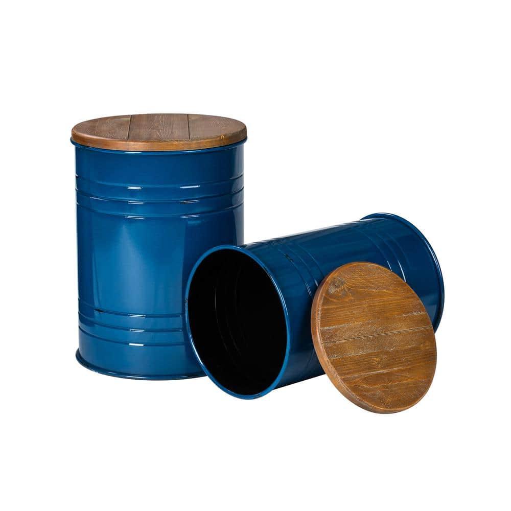 Glitzhome  Industrial Farmhouse Round Storage Side Tables (Set of 2) Solid Navy Blue Seating, Hidden Storage Side Tables
