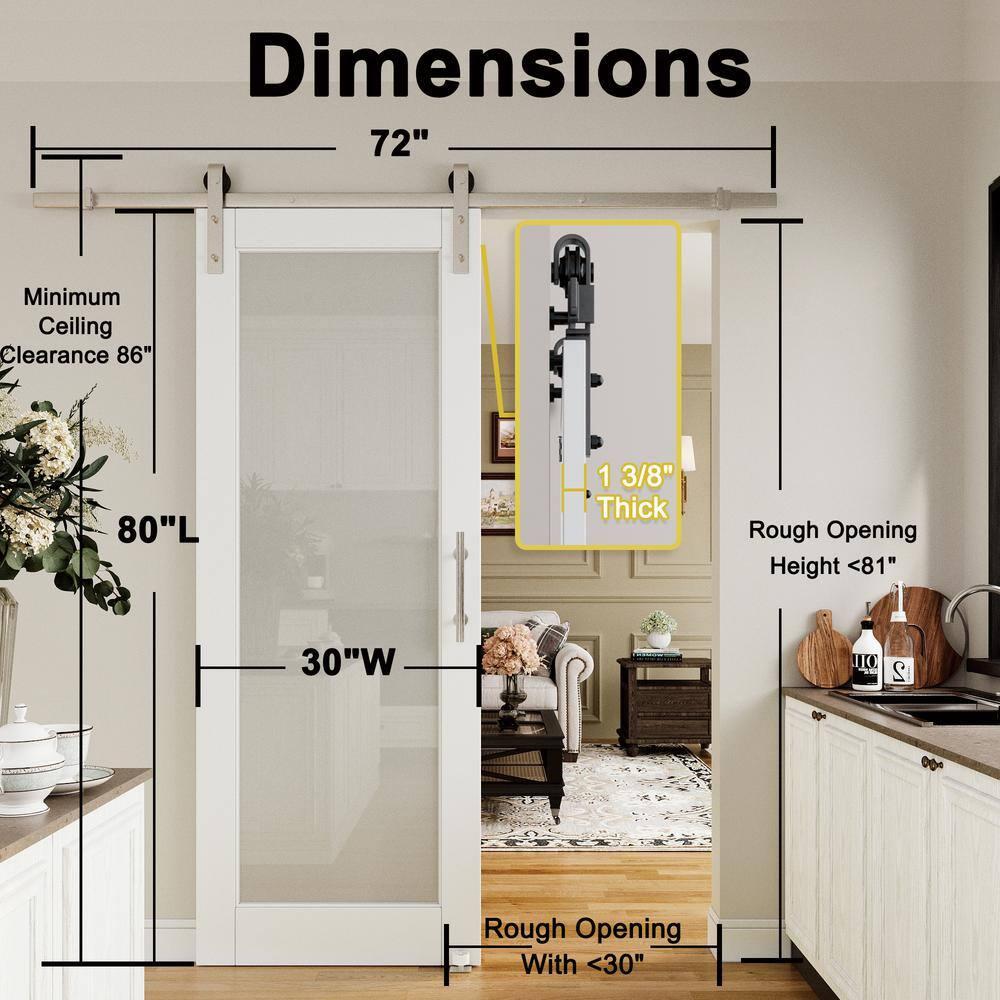 Home Worthy Frosted Glass Solid Manufactured Wood Painted Sliding Barn Door with Nickel-Hardware Kit(No Assembly Required)