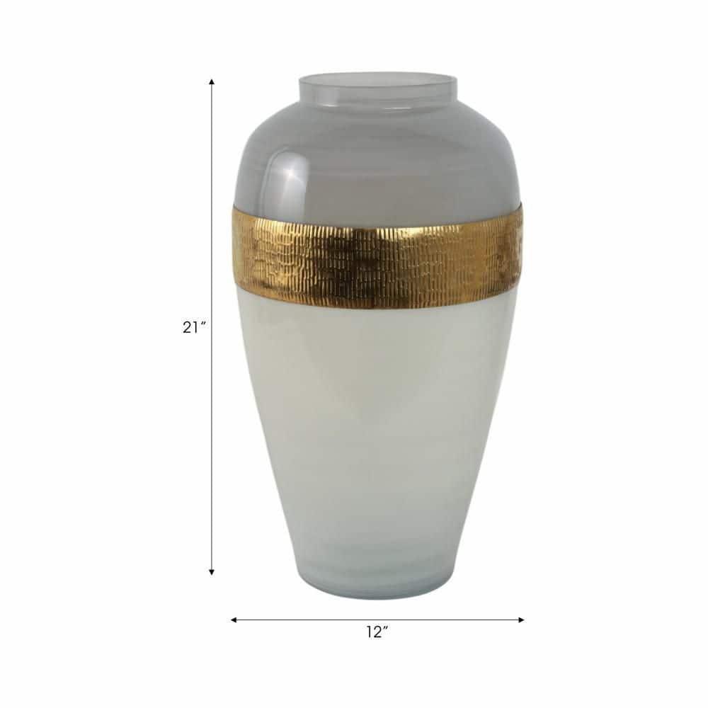 Sagebrook Home Glass 21"h Ginger Vase with  Brass Band, White