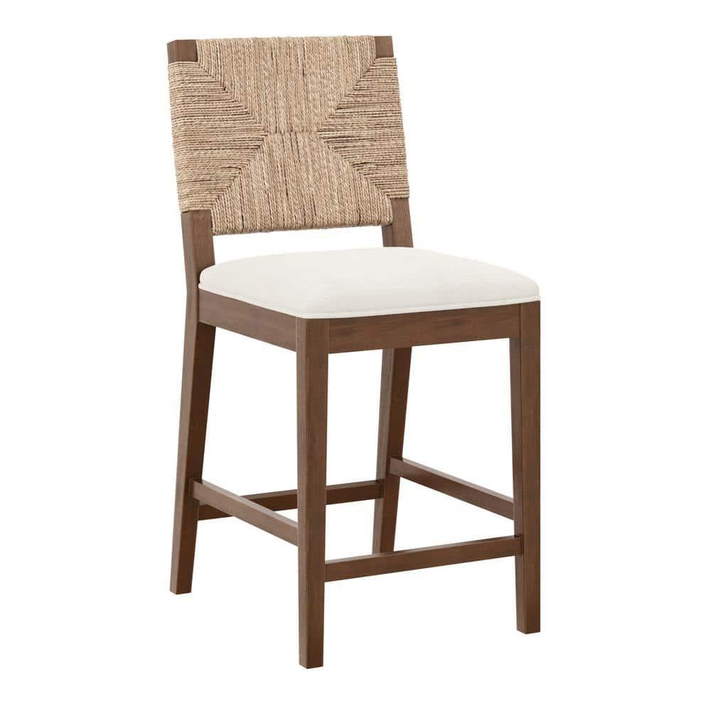 Nathan James Beacon Bohemian Boucle Bar Stool, Upholstered Bar Stool or Island Chairs for Kitchen, Seagrass Counter Height Stool with Back and Solid Wood Legs, Cream Boucle/Dark Brown
