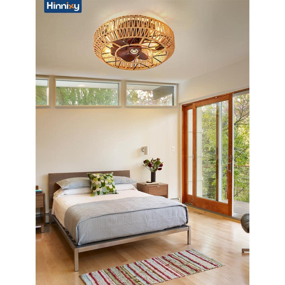 20'' Boho Rattan Caged Ceiling Fan with Light and Remote, Farmhouse Flush Mount Boho Ceiling Fan Light Low Profile Bladeless Ceiling Fan Timing 6 Speeds Reversible, Brown