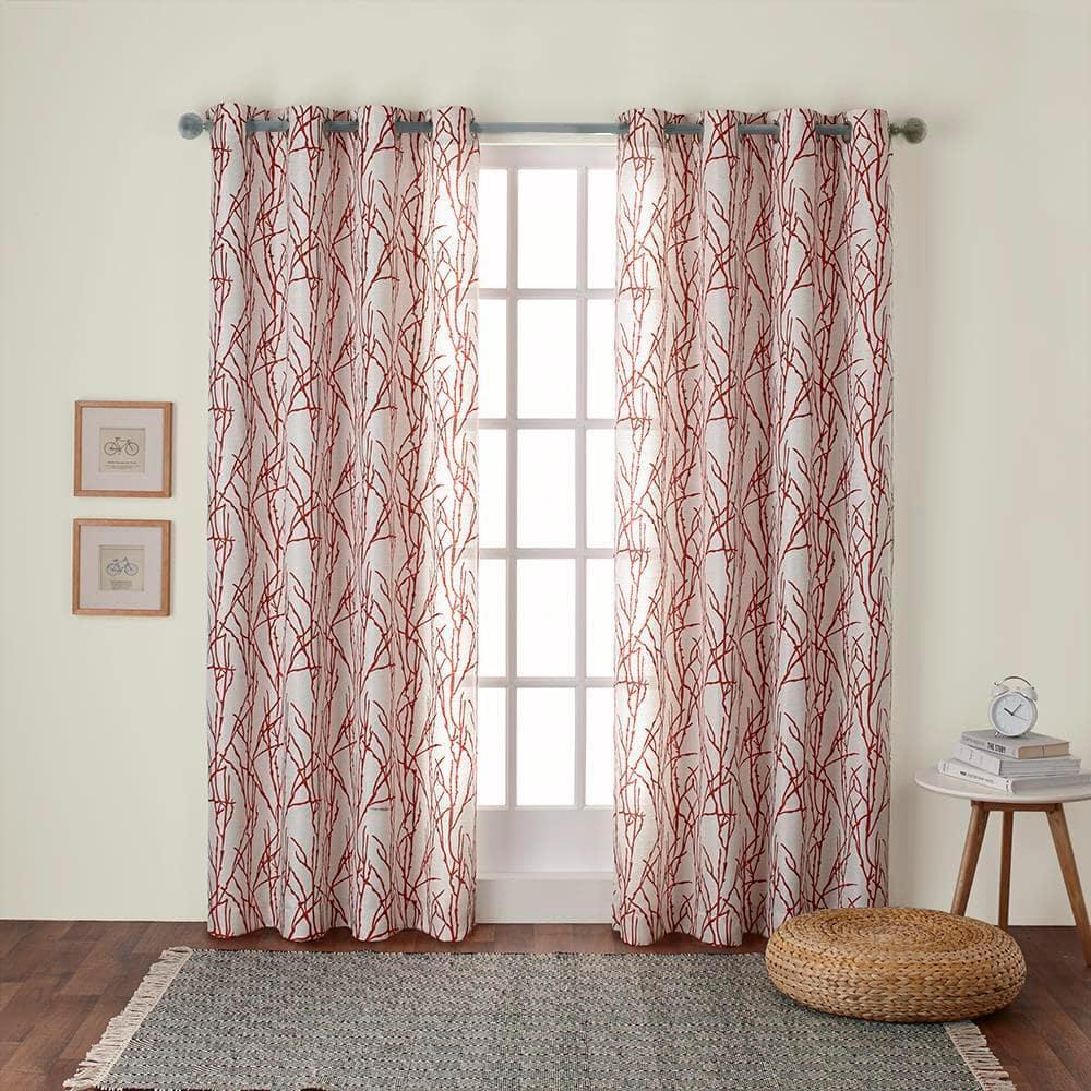 EXCLUSIVE HOME Branches Linen Blend Grommet Top Curtain Panel Pair, 54"x108", Mecca Orange