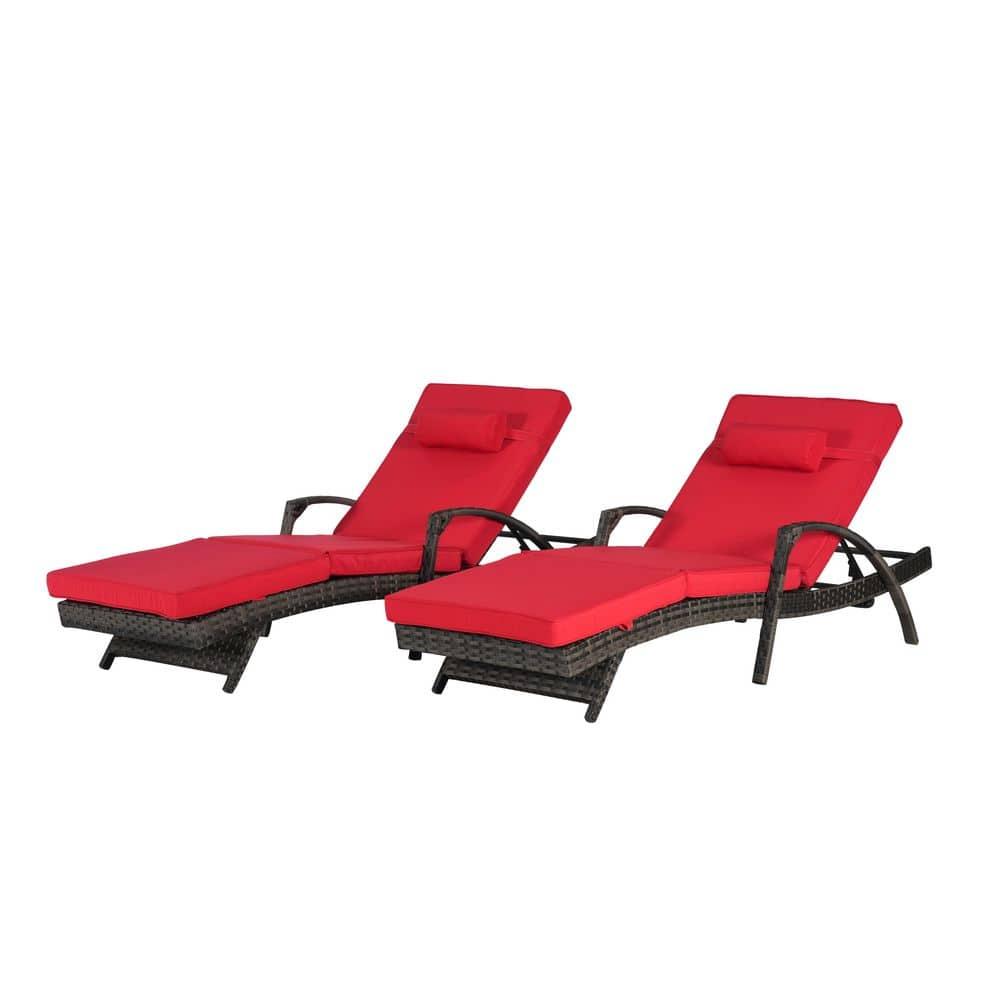 PAPROOS Outdoor Chaise Lounge Chair Set of 2, Rattan Patio Chaise Lounge Chair with Cushion and Arms, Modern 5-Positions Adjustable Outdoor Lounger Recliner for Poolside, Garden, Backyard, Red