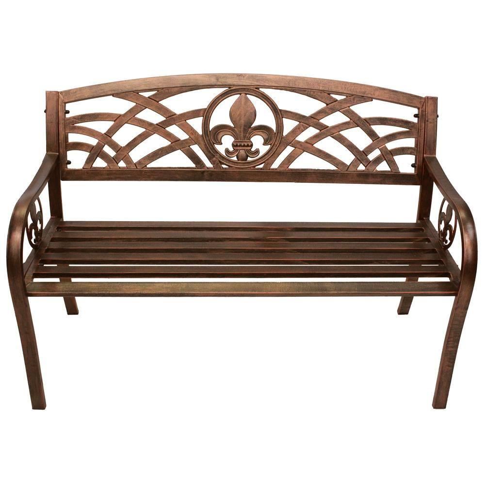 Leigh Country Outdoor Metal Patio Bench with Fleur-De-Lis - Bronze