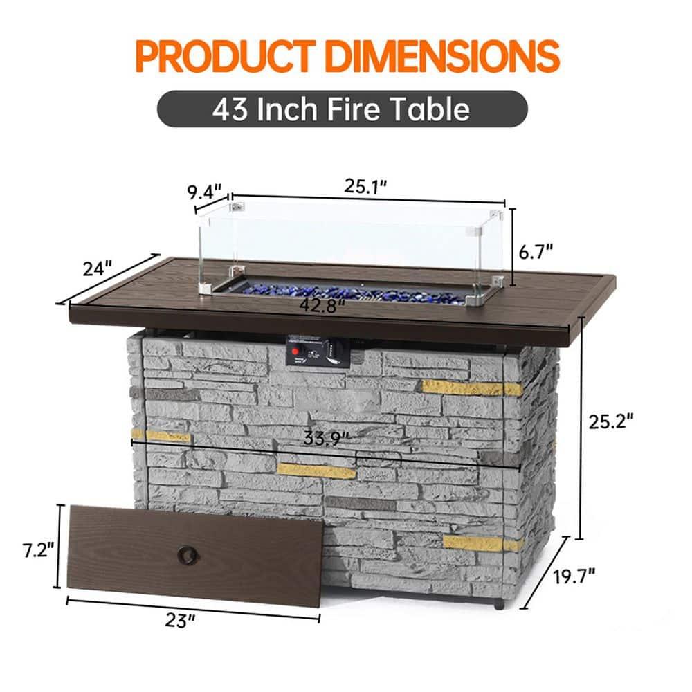 43" Propane Fire Pit Table Outdoor Rectangular Stone Firepit Table 50000 Btu Propane Fire Tables for Outside Patio with Glass Wind Guard, Lid, Fire Glass Beads, Pizzello Caldo (Gray Stone)