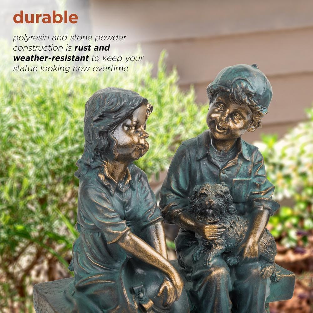 Alpine Corporation 16" Polyresin Girl and Boy with Dog Sitting on Bench Sculpture Bronze: Durable Outdoor Decor, Magnesium Oxide, Rust-Resistant