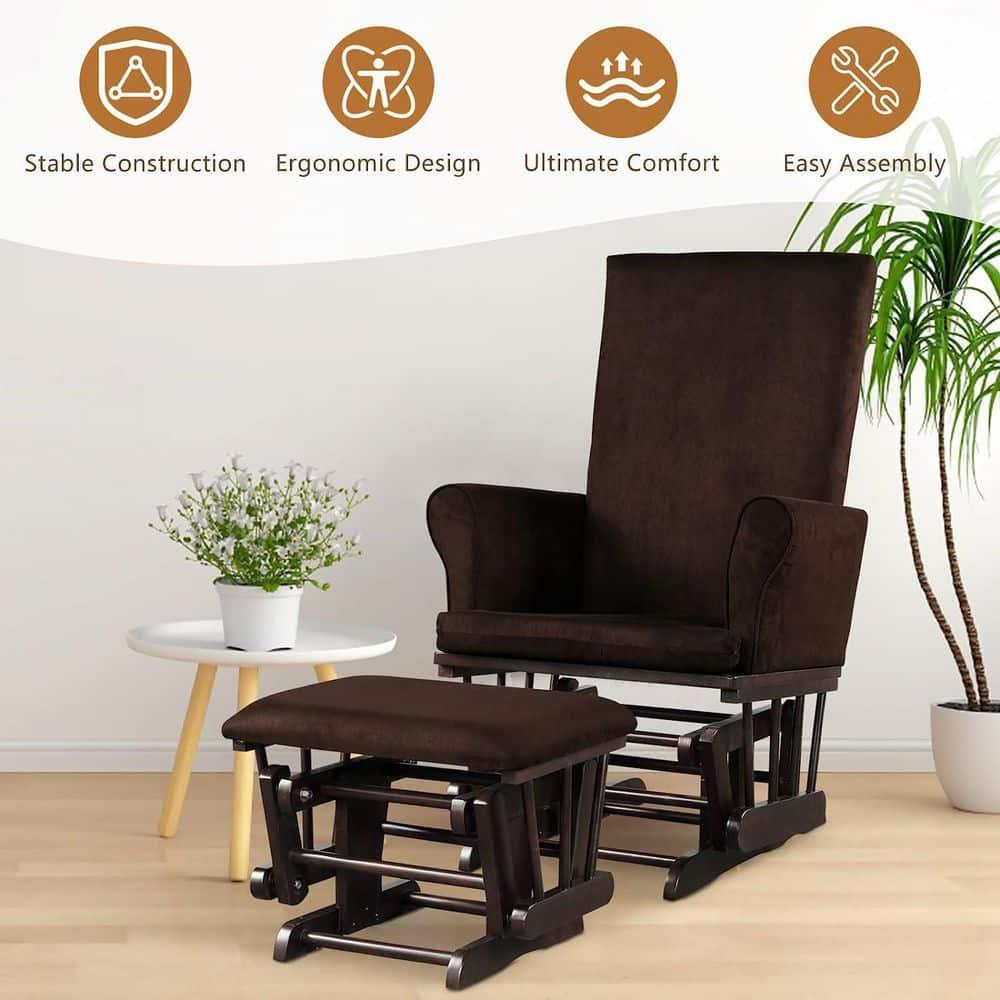 Costway Glider and Ottoman Cushion Set Wooden Baby Nursery Rocking Chair Brown
