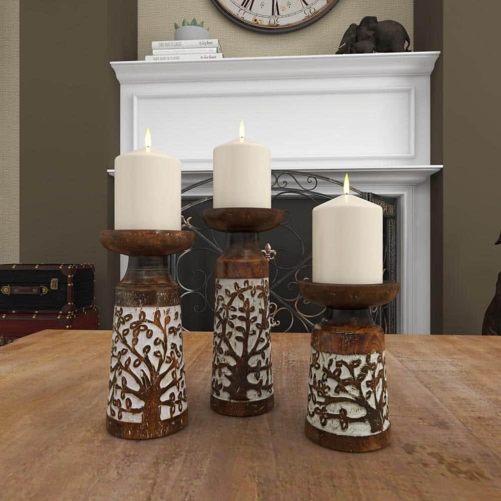 DecMode 3 Candle Brown Mango Wood Handmade Candle Holder, Set of 3