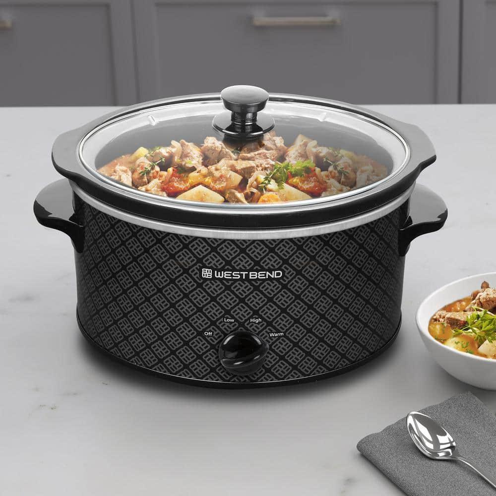 West Bend Slow Cooker 4-Quart Manual Crockery Style with Oval Ceramic Crockpot and Glass Lid, 210-Watts, Black