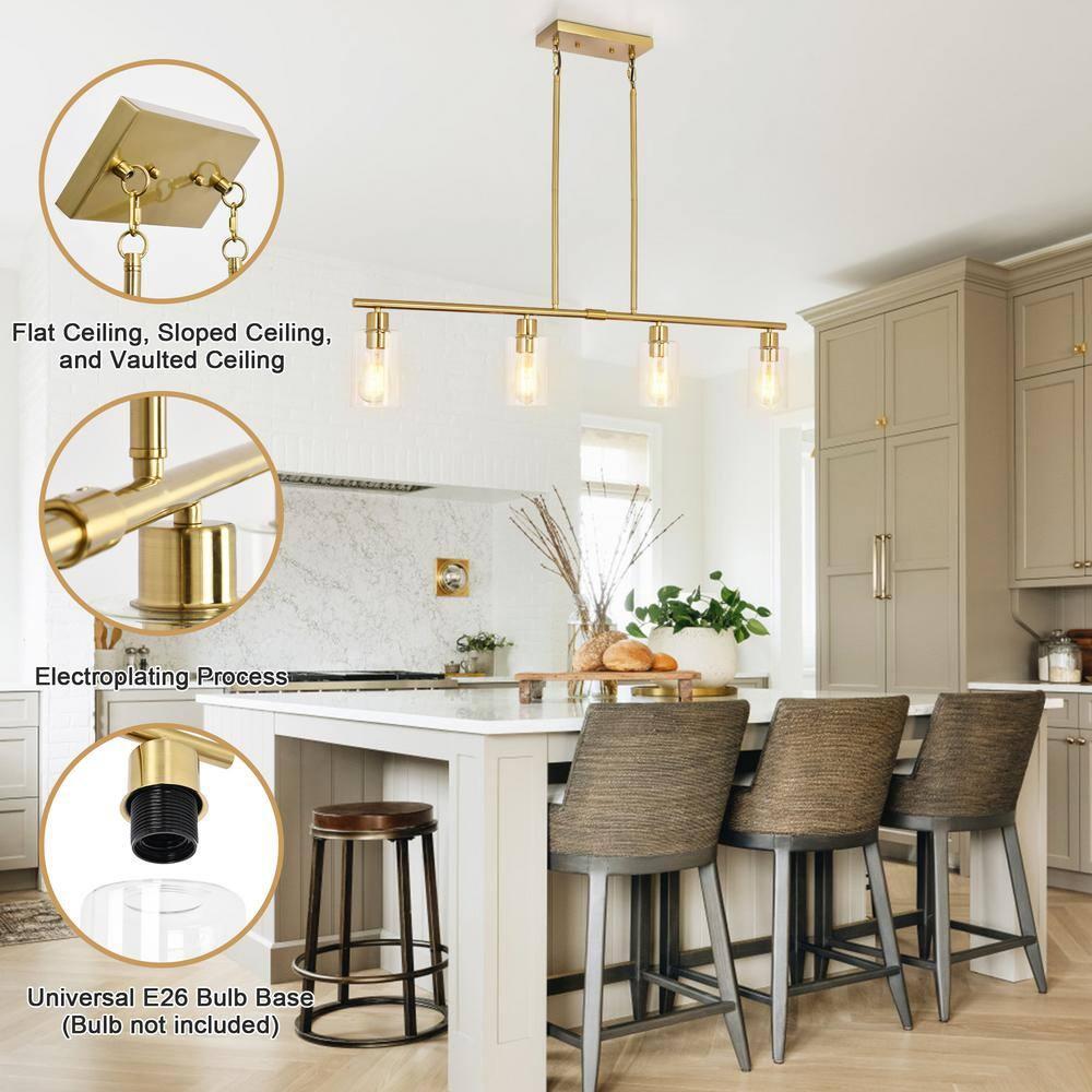Modern Gold Kitchen Island Chandelier 4-Light Brushed Brass Farmhouse Pendant Light Industrial Kitchen Island Lighting Fixture with Glass Shades Hanging Lamp for Dining Living Room