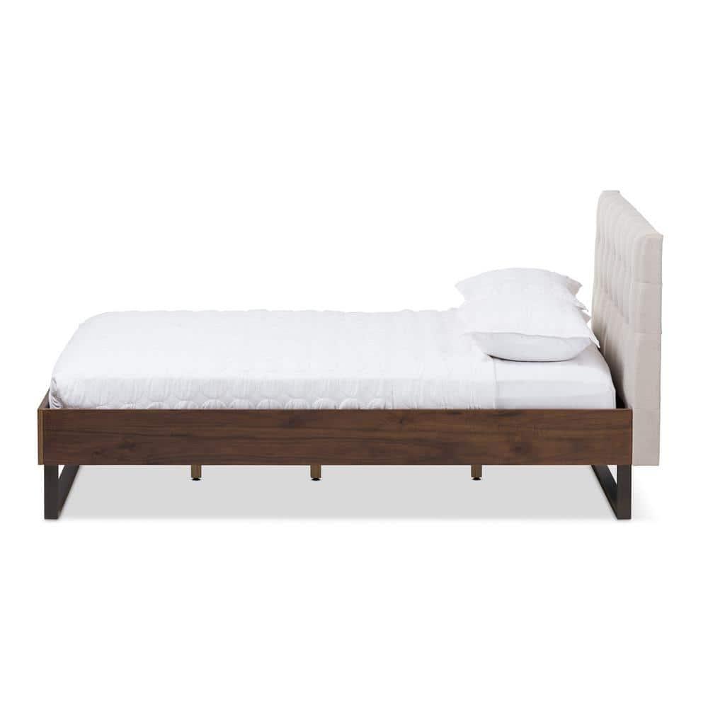Queen Mitchell Rustic Industrial Walnut Wood & Metal Platform Bed with Tufted Headboard - Baxton Studio