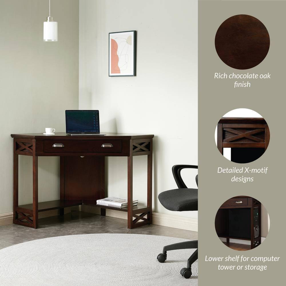 Leick Home 81430 Corner Computer/Writing Desk with Drawer and Shelf, Made with Solid Wood, Chocolate Oak