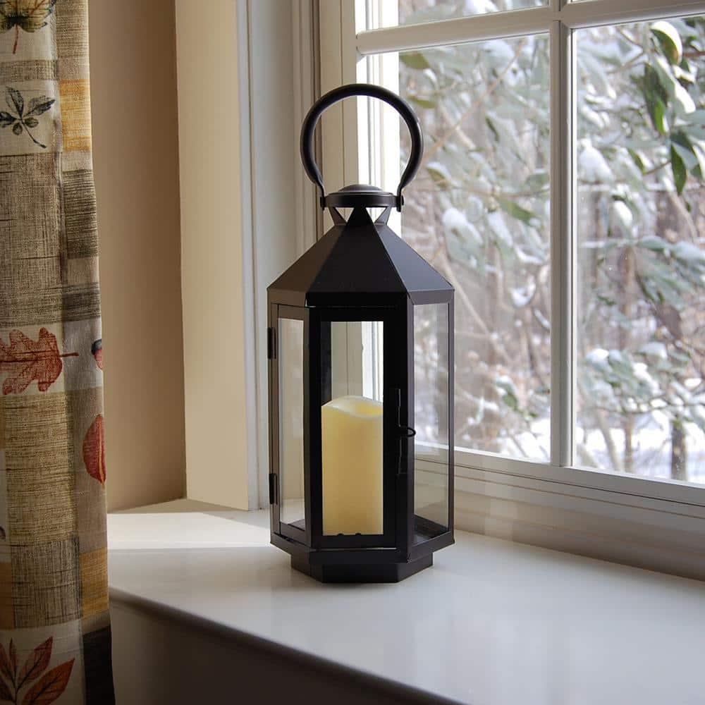 The Holiday Aisle® Black Hexagon Metal Lantern with Battery-Operated Candle