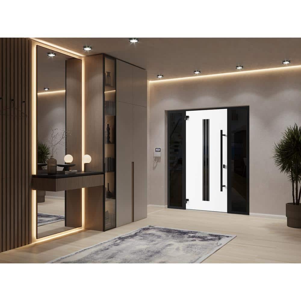 Front Exterior Prehung Steel Door / Ronex 1055 Teak / Top Exterior Window Sidelite / Entry Metal Modern Painted W36" x H80+16" Right hand Inswing