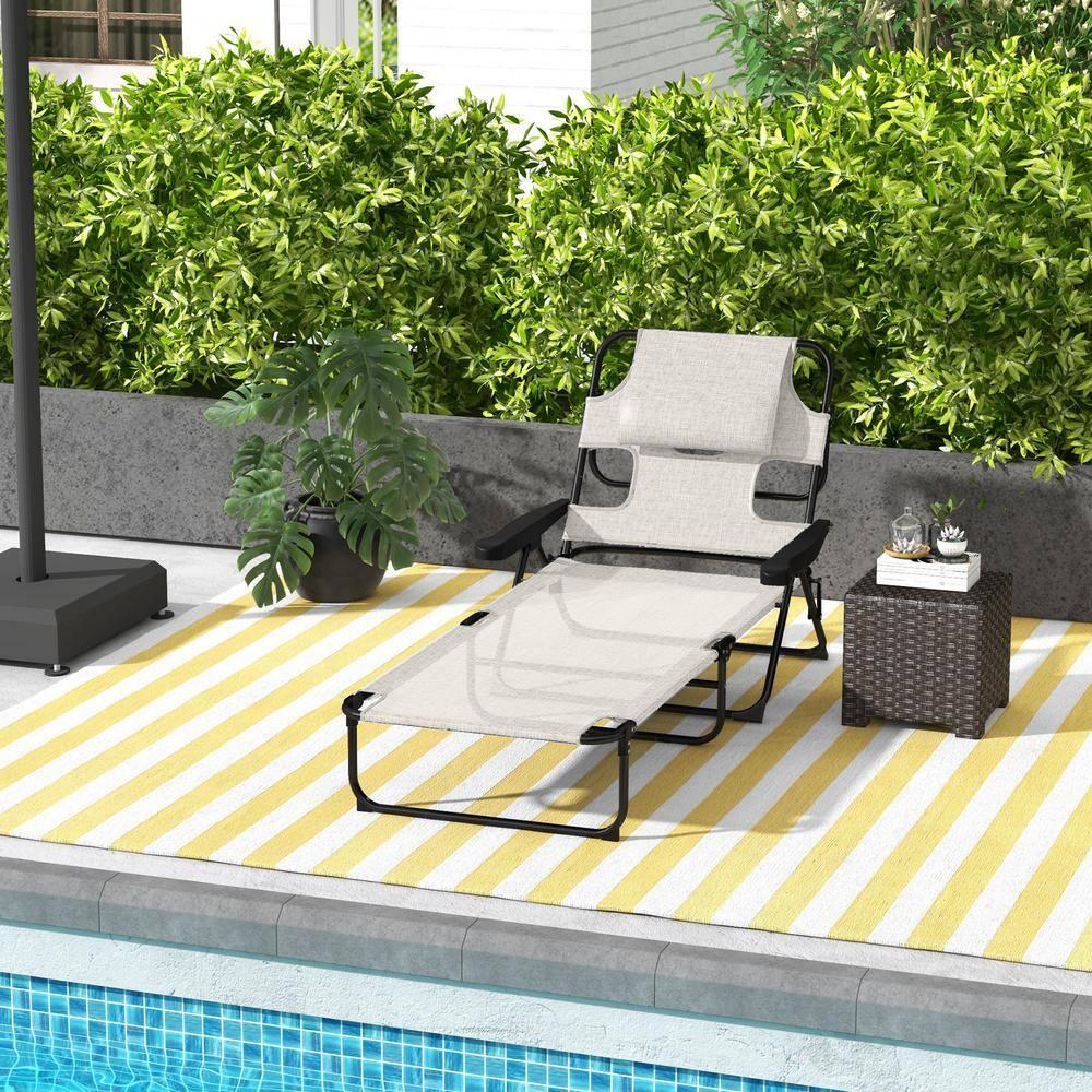 Outsunny 4-level Reclining Back Outdoor Chaise Lounge Chair, Reading Hole Include Tanning Chair, Cream White