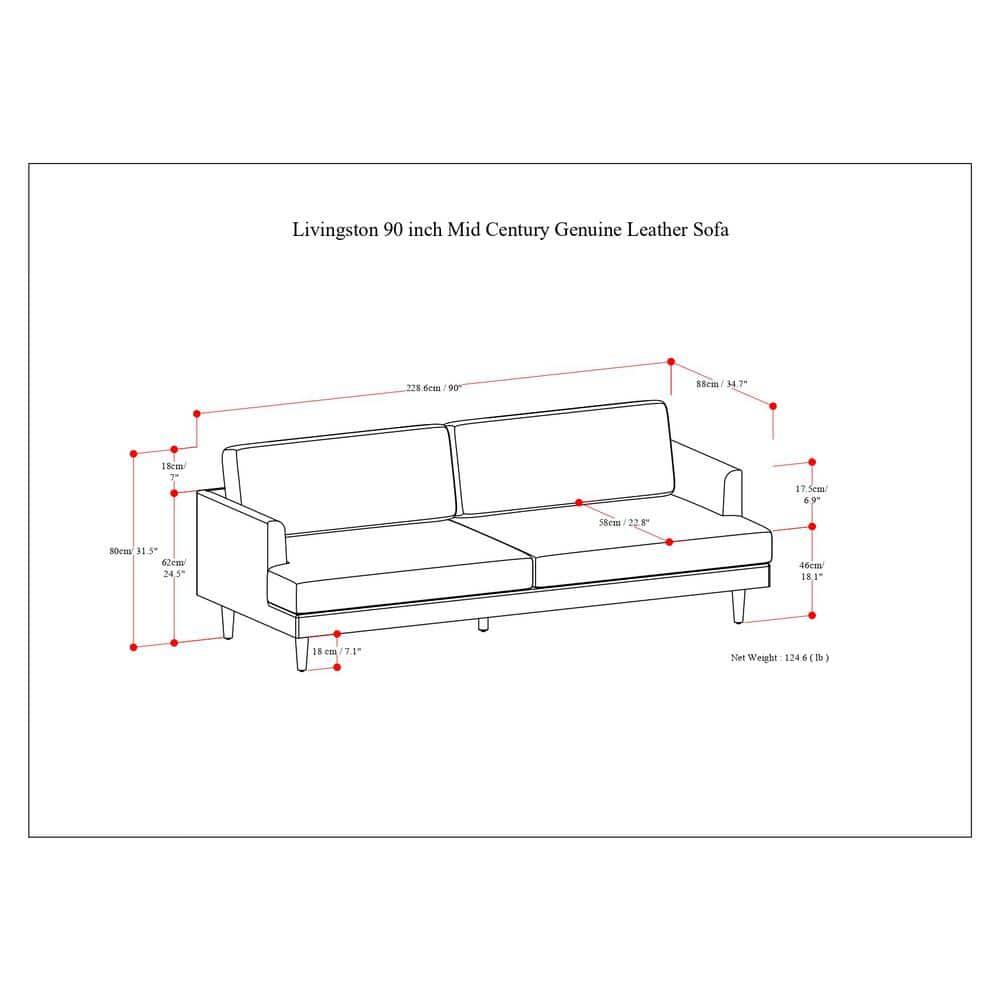 Simpli Home Livingston Top Grain Genuine Leather Mid-Century Modern Sofa With Solid Wood Frame For Living Room