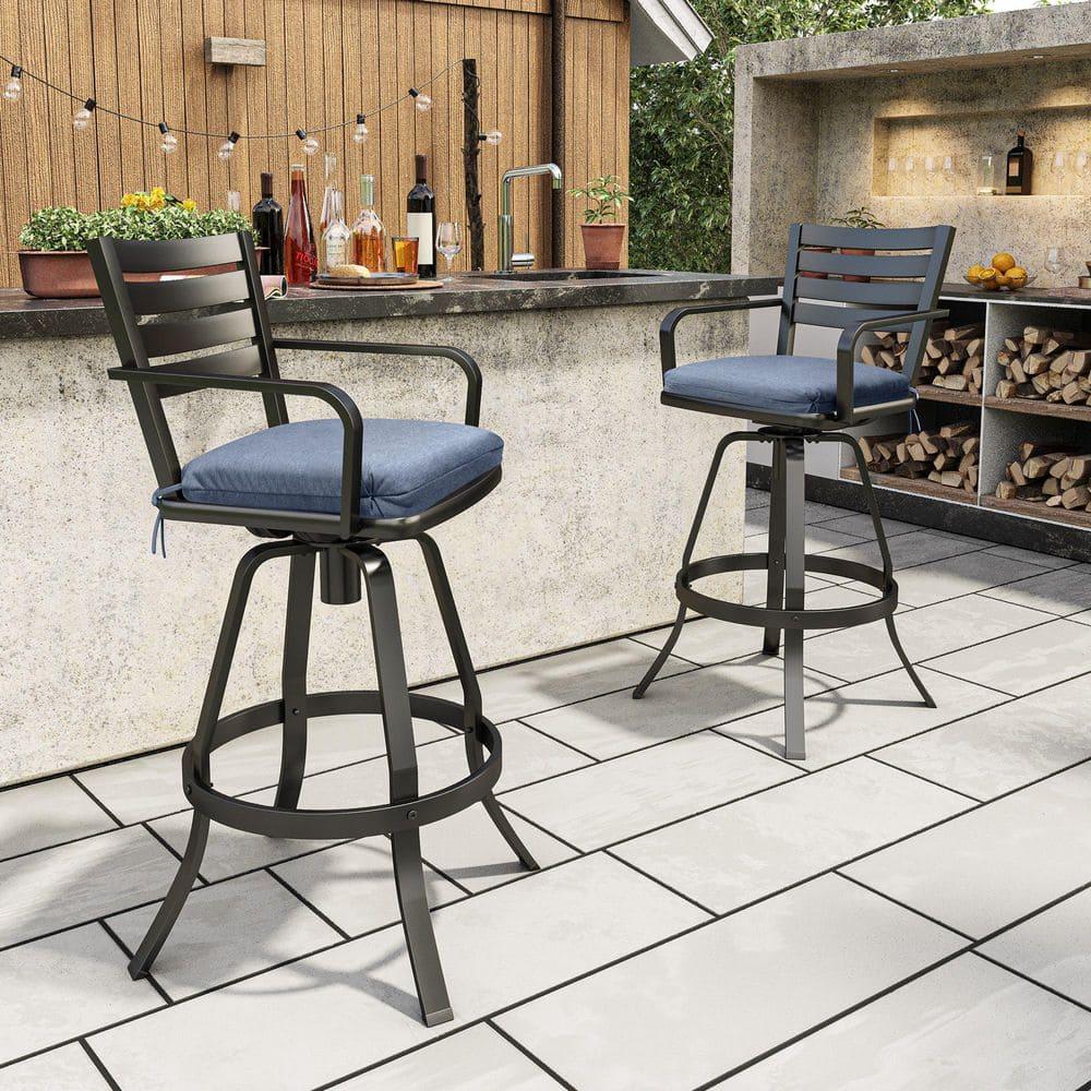 Crestlive Products Outdoor Bar Stools Set of 2  Aluminum Swivel Barstools with Sunbrella Cushion Cast Aluminum Patio High Chair Bistro Set Blue