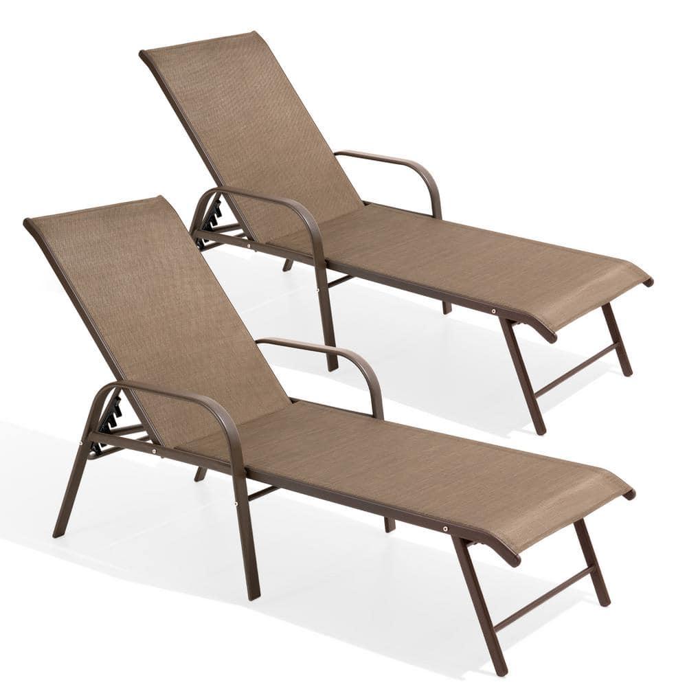 Crestlive Products Set of 2 Aluminum Patio Chaise Lounge Chairs Outdoor Recliners, Brown