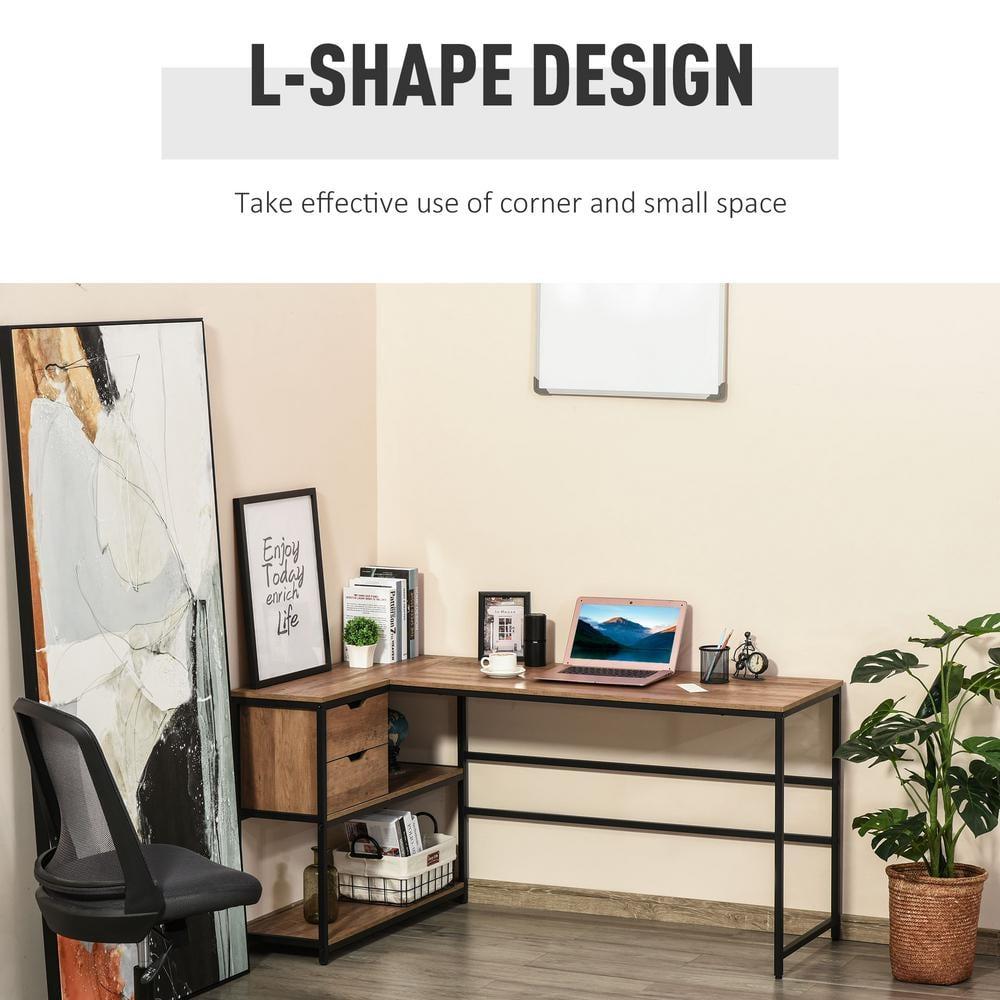 HOMCOM L-Shaped Home Offie Computer Desk with Storage Shelves, 2 Dawers and Industrial Steel Frame, Black/Brown