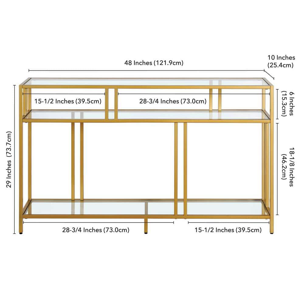 Evelyn&Zoe Cortland 48" Wide Rectangular Console Table with Glass Shelves, Brass