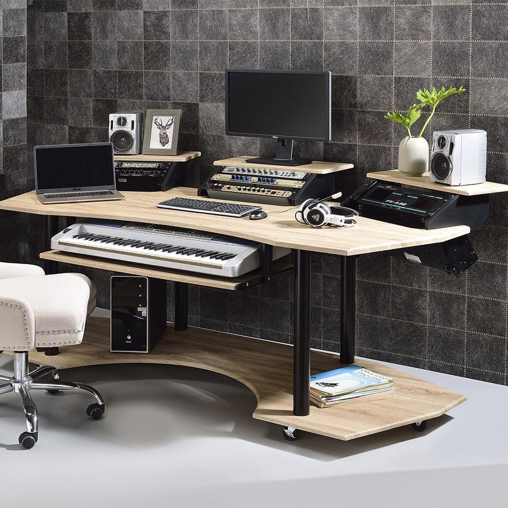 Acme Furniture Eleazar 3 Stands Computer Desk Natural Oak: Metal Frame, Veneer Surface, Hutch Storage