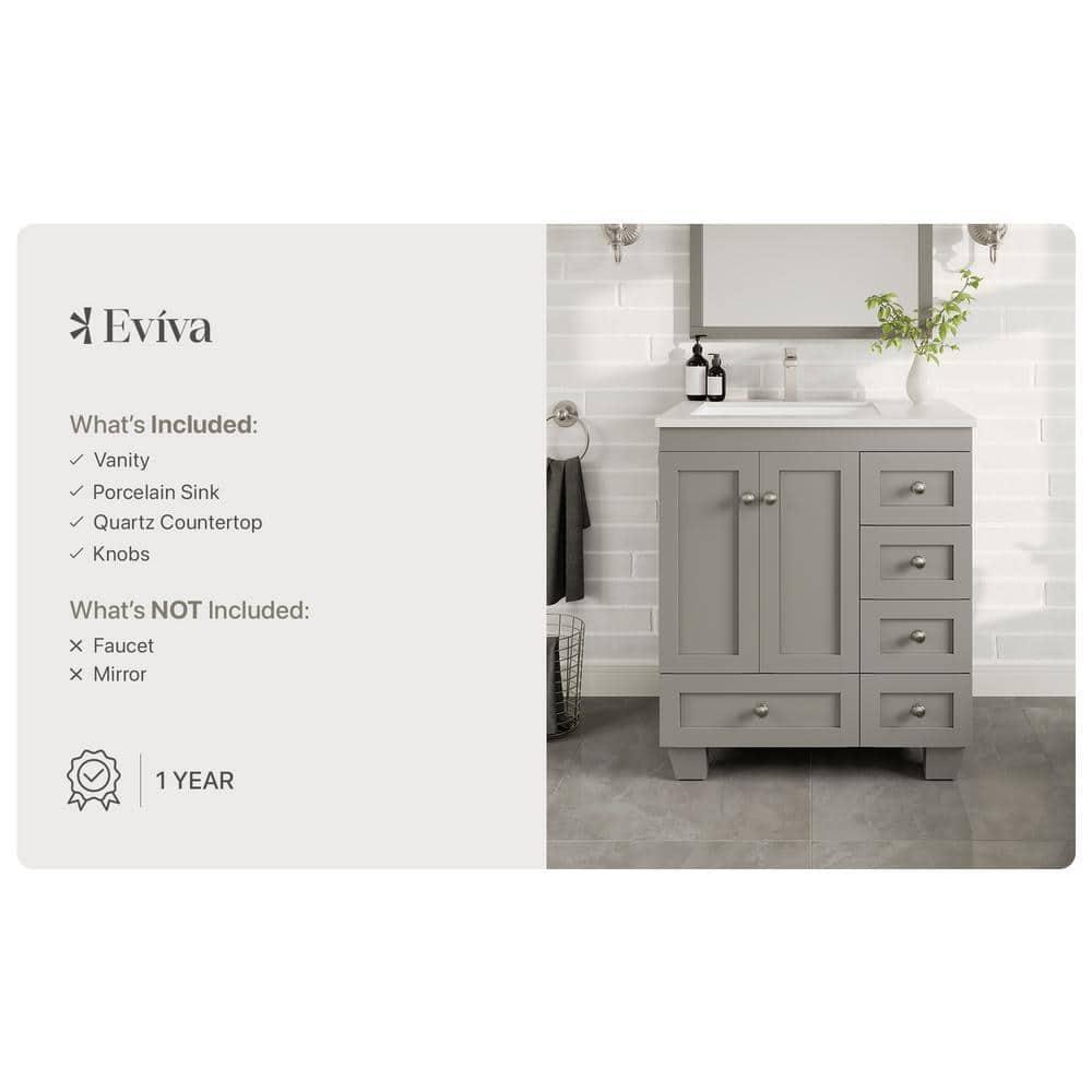 Eviva Happy 30" x 18" Transitional Gray Bathroom Vanity with White Carrara Marble Countertop
