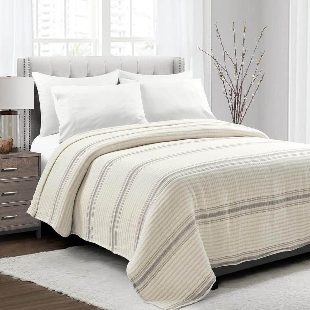 Full/Queen Farmhouse Stripe Kantha Pick Sti Thread Counth Yarn Dyed Woven Single Quilt/Coverlet Gray - Lush Décor