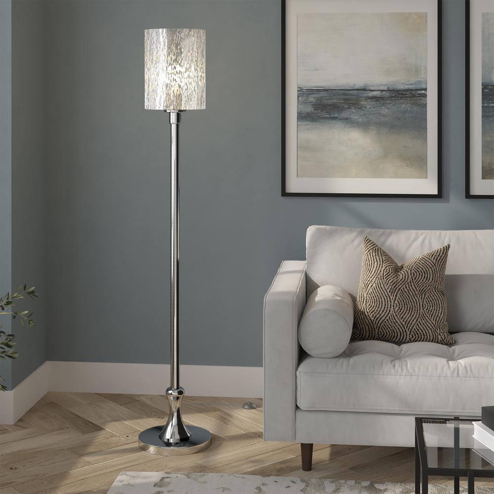 Evelyn&Zoe Numit 68.75" Tall Floor Lamp with Glass Shade, Brushed Nickel/Mercury Glass