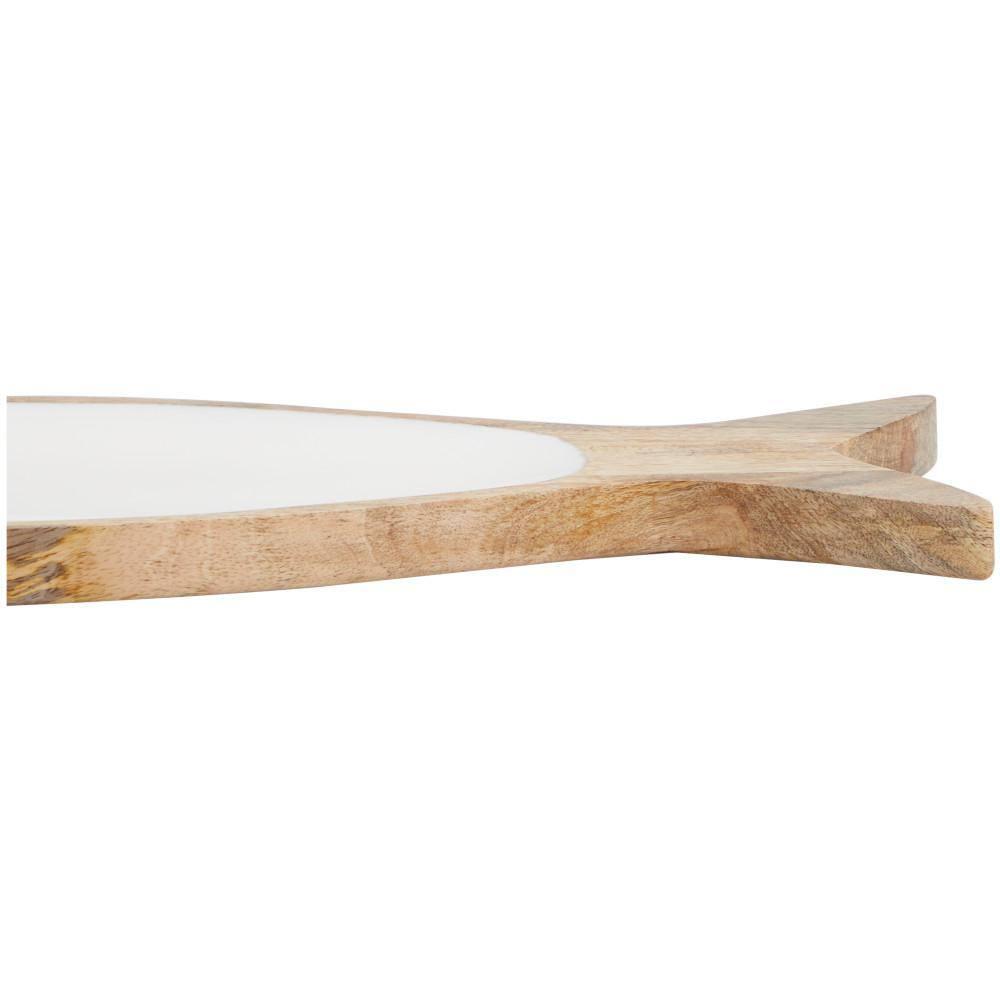 Brown Mango Wood Fish Decorative Tray with White Enameled Interior