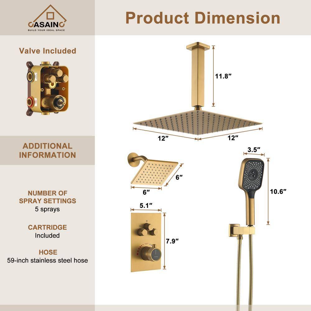 Rainfall Symphony 12inch 3-Function Dual Shower Head Thermostatic Shower System with 3 Sprays Handheld