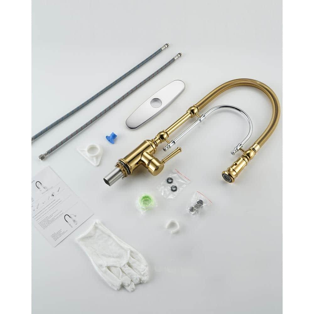 Single Handle Convenient Pull Down Sprayer Kitchen Faucet in Gold and Chrome with Soap Dispenser